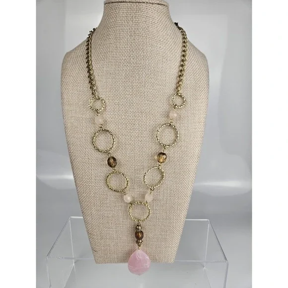 Avon Vintage Pink Art Deco Style Statement Necklace Gold Tone Signed - Picture 1 of 6